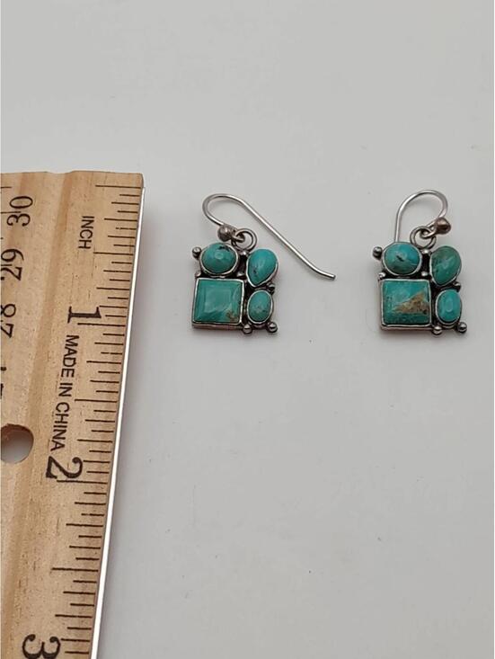 Sterling Silver Turquoise Cluster Dangle Earrings - Picture 2 of 4